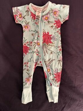 Bonds Wondersuit - Light Teal with Floral Print - size 0-3mo/000
